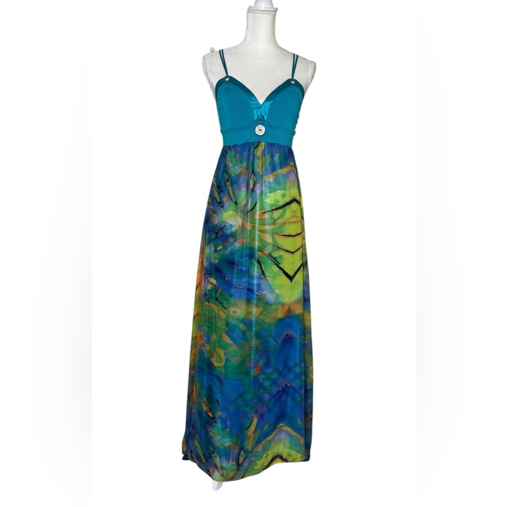 Apple Bottoms Blue/Green Artsy Boho Hippie Babydoll Sundress Maxi Dress S/P